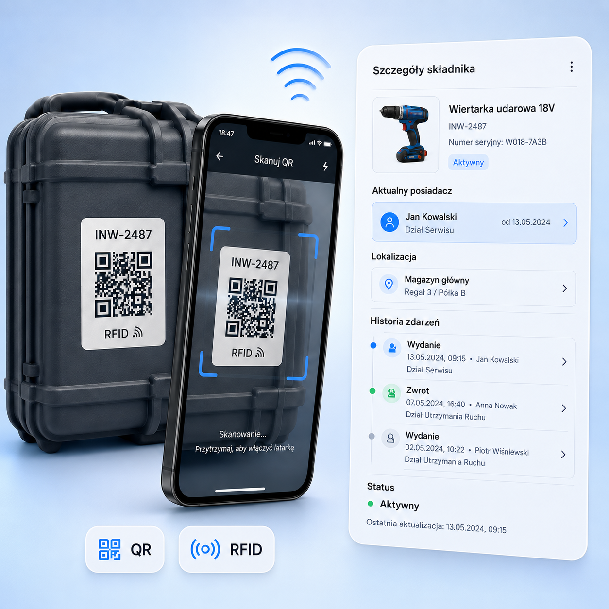 LocalOps Inventory z QR, RFID, skanowaniem sprzętu i historią odpowiedzialności
